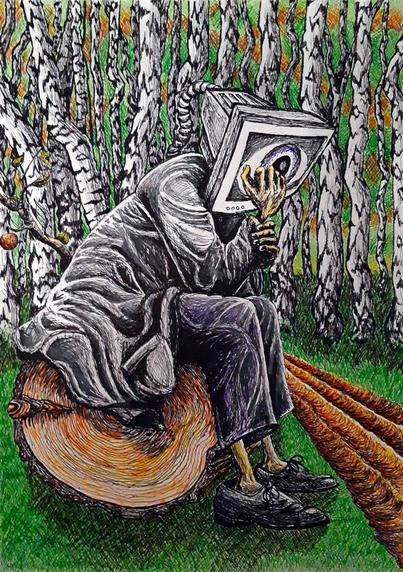 The drawing is in vertical orientation. There's a humanoid figure, a log, some birches, a fruit and some vehicle tracks. The humanoid figure is sitting on top of a log facing towards the right. Instead of a head, he has an old CRT monitor that displays one giant eye. He's wearing coat, jeans that are too wide and too short and leather shoes. His skin is bright yellow. He holds his hand on the bottom of his monitor, kind of like people support their chin with their hand. The jacket is black and wrinkly. The jeans are purplish blue. The logs annual rings are facing the viewer. There's a branch with 4 leaves coming out of the log. The branch has a red fruit on it. Below is bright green grass. There are muddy vehicle tracks right in front of the character. The tracks are drawn with brown and orange. There's a forest of birch trees behind the character. The trees are twisted and angular. They have no visible leaves. There's blurry greenery behind the forest drawn with green and orange.
