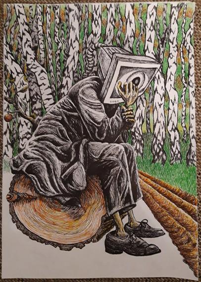 The same image, but with the bottom-left grass not drawn. Some of the shading on the character is missing. The eye on the monitor is in black and white, while the final drawing shows it in blue. Most of the shadows are missing. The trees have almost no shading on them.