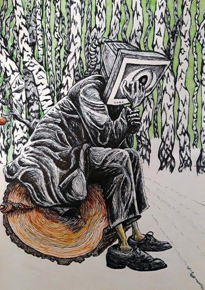 The same drawing, but in an even earlier phase. The greenery behind the forest is only partially drawn. It lacks blotches of colour and darker shades that the final drawing had. Most of the colours are missing. The jeans, the characters hands and tree leaves are in black and white. The muddy tracks are just an outline with nothing drawn yet.
