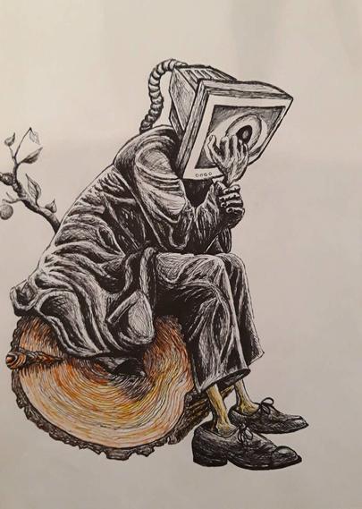 The same drawing, but only the character sitting on a log exists. Everything else is missing.