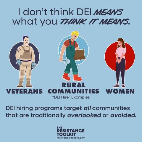Infographic depicting three people ment to represent different communities: A disabled combat veteran with prosthetic hands standing in front of a dark circle, a farmer holding a spade and a bag in front of a light blue circle, and a woman with curly brown hair standing in front of a red circle. Text reads "I don't think DEI means what you think it means. Veterans, Rural Communities, Women: 'DEI Hire' Examples. DEI hiring programs target all communities that are traditionally overlooked or avoided." The Resistance Toolkit logo is at the bottom with their url: resistance-toolkit.com