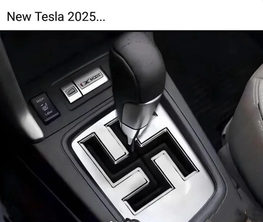 Picture of a car (Tesla) shift stick gear switch in form of a Nazi swastica. Headline is: „New Tesla 2025“