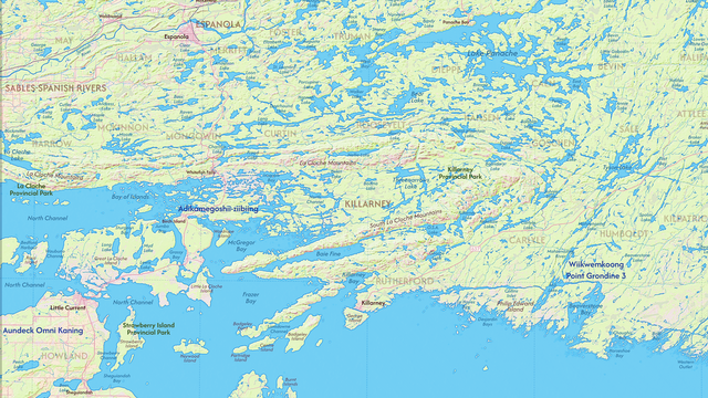 Map of the area around northwestern Georgian Bay including Little Current, Espanola, Killarney, and Point Grondine