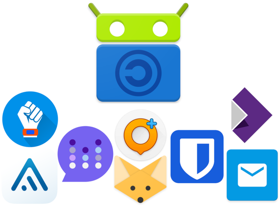Ikony aplikacji: f-droid, fennec, fairemail, molly, osmand, aegis, gadgetbridge, bitwarden, collabora office