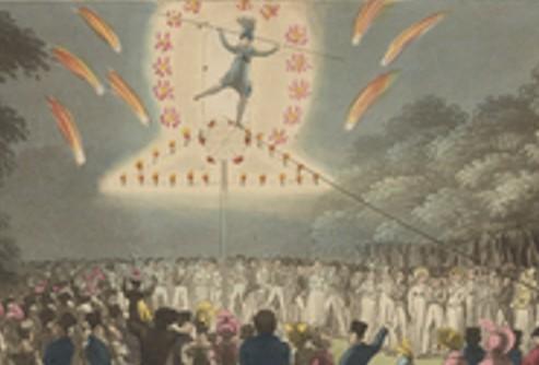 Madame Saqui running down a tightrope at Vauxhall Gardens in 1810s, surrounded by fireworks designed by Sarah Hengler  #IWD #IWD2025 #IWD25 #Women #InternationalWomensDay #WomenInSTEM #circus #fireworks