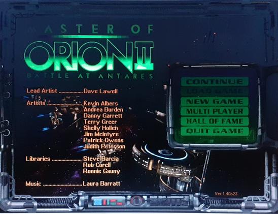 Das Hauptmenü und Startbildschirm des DOS-Spieles Master of Orion 2.