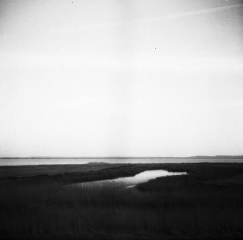 Bodden landscape on Hiddensee. Square black and white photo. In the lower third, a dark grassy landscape with a puddle of water. In the background the Bodden and the other shore. The light grey sky fills the upper two thirds of the picture.