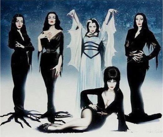 A drawing of Carolyn Sue Jones’ Morticia Addams, Vampire, Lily Munster and Anjelica Houston’s Morticia Addams standing side by side with Elvira posing laying down in front of them.