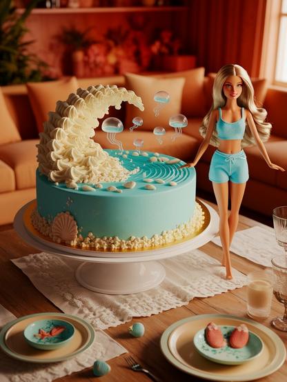 ②«#aiart #genart by ideogramai»
(Photo of: Toy Barbie doll's birthday) In the center of the table is a large sky blue cake that resembles a beach. Cream white waves, marzipan shells, and jelly fish swim around. Barbie doll is standing to the right in casual resort wear.