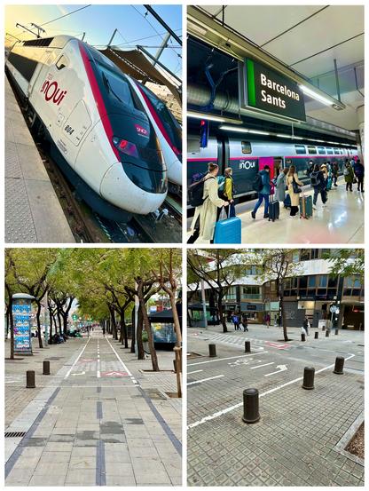 Eine Collage aus 4 Bildern. Oben links: Triebkopf eines TGV INOUI im Bahnhof Gare de Lyon in Paris. Oben rechts: Der TGV im Zielbahnhof Barcelona Sants. Viele Menschen strömen aus dem Zug. Unten links & unten rechts: Blick auf die Fahrradinfrastruktur in Barcelona - zweispurige Straßen und Kreuzungen für Fahrräder.