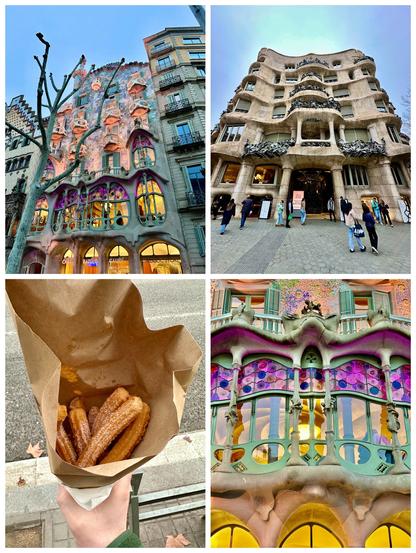 Eine Collage aus 4 Bildern. Oben links, oben rechts und unten recht: Bilder verschiedener Fassaden von Gaudi-Häusern in Barcelona. Unten links: Blick in eine Tüte mit 10 Churros-Stangen, bestreut mit Zucker. Die Tüte wird in einer Hand gehalten.