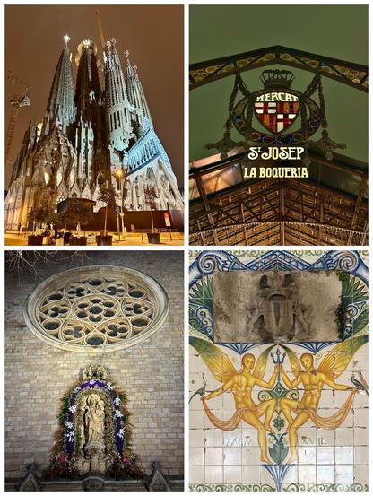 Eine Collage aus 4 Bildern. Oben links: Blick auf die Sagrada Família im nächtlichen Barcelona. Oben rechts: Blick auf den Eingangsbereich der Markthalle „Mercat St. Josef“. Unten links: Ausschnitt einer Kirchenfassade mit blumenverzierten Figuren. Unten rechts: Fliesenbild mit zwei geflügelten männlichen Personen, deren Unterleib jeweils mit einem Tuch verhüllt ist. Auf jeweils einer Hand sitzt ein Vogel.