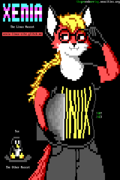 Xenia, labeled "the Linux Mascot", is a red fox woman with blonde hair in a ponytail who is resting two fingers on her glasses and holding a big laptop under one arm. She is wearing a shirt with "LINUX" in tall letters and baggy gray pants. Behind her is a small, stout penguin, Tux, labeled "the Other Mascot".