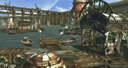 Screenshot of the Docks in Fisherman's Horizon in Final Fantasy VIII, taken from the Final Fantasy Wikia. There is a large bridge spanning in the top left, with a rickety pier and boats on the water below. It is backed by a huge wall in the background. The docks are all made of recycled materials and are looking quite run down.