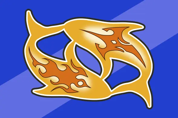 Fisherman's Horizon town flag (PNG): 2 orange koi fish chasing each other against a blue background with a slightly lighter blue stripe going from top-right to bottom-left. The koi fish are outlined in white and then navy orange have a dark orange stylised cool fire design on each of them.
