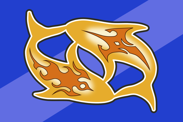 Fisherman's Horizon town flag (SVG): 2 orange koi fish chasing each other against a blue background with a slightly lighter blue stripe going from top-right to bottom-left. The koi fish are outlined in white and then navy orange have a dark orange stylised cool fire design on each of them.