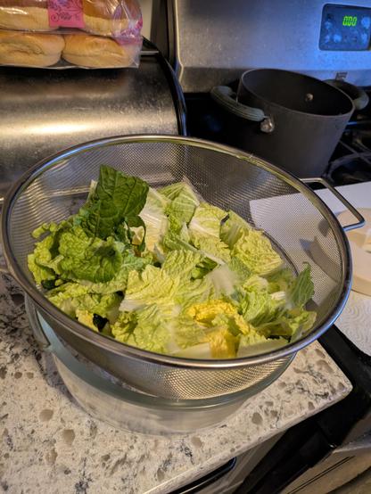 A bunch of Napa cabbage and green onions drying out in a colander after being heavily salted