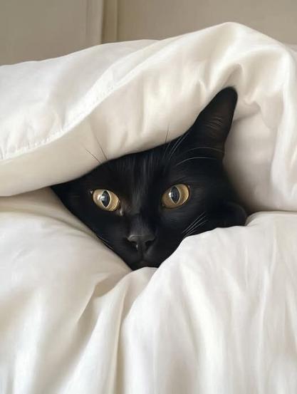 A black cat with wide, curious eyes is peeking out from under a fluffy white blanket. The cat's ears are slightly visible, and its shiny fur contrasts with the soft texture of the blanket. The overall scene gives a cozy and playful impression.