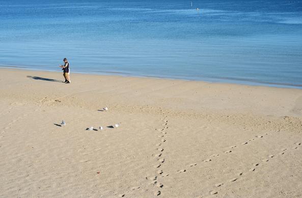 People walking along a sandy beach near the calm blue sea, with a few seagulls on the sand and footprints leading towards the water.