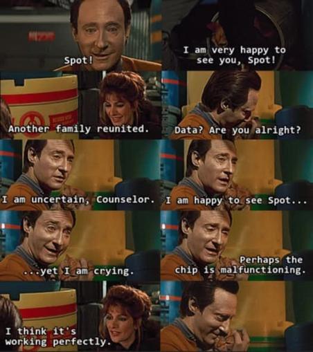 A series of images from a scene featuring characters from "Star Trek: The Next Generation." The character Data, an android, is interacting with Counselor Troi. 

1. Data, with a joyful expression, says "Spot!" 
2. A close-up of a cat, presumably Spot, with Data saying, "I am very happy to see you, Spot!"
3. Counselor Troi, smiling, says, "Another family reunited."
4. Troi, with a concerned expression, asks, "Data? Are you alright?"
5. Data, looking uncertain, responds, "I am uncertain, Counselor."
6. Data continues, "I am happy to see Spot..."
7. Data, with tears in his eyes, says, "...yet I am crying."
8. Data, looking puzzled, adds, "Perhaps the chip is malfunctioning."
9. Counselor Troi, with a gentle smile, concludes, "I think it's working perfectly."