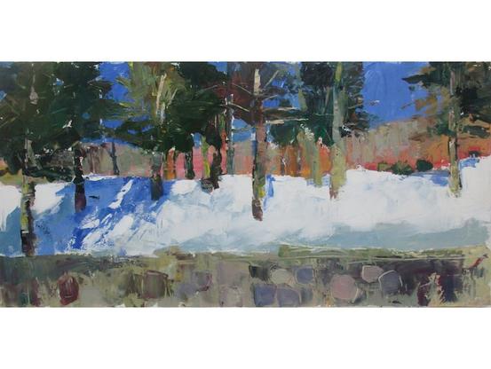 A 15 x 30 acrylic original painting on canvas of snow and trees along a stone wall on the grounds of an upstate New York monastery.


Note: Discounts and sales do not apply to original artwork.