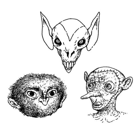 Line drawing of the faces of 3 demons