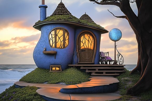 A whimsical blue fairy tale house, with curved walls, mossy roof, glowing windows, and a small porch with a spherical light. It is perched on a seaside hill, by crashing surf under a brisk sunrise sky.