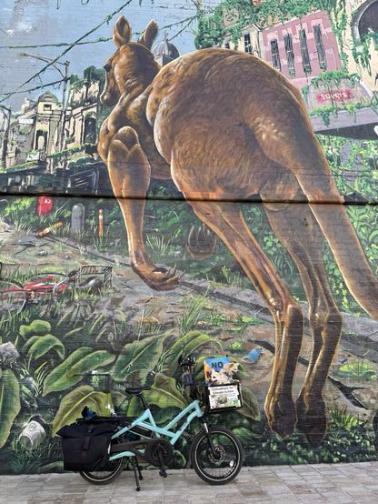 A mural of a kangaroo in Sydney Road Brunswick with two chihuahuas on a cargo bike