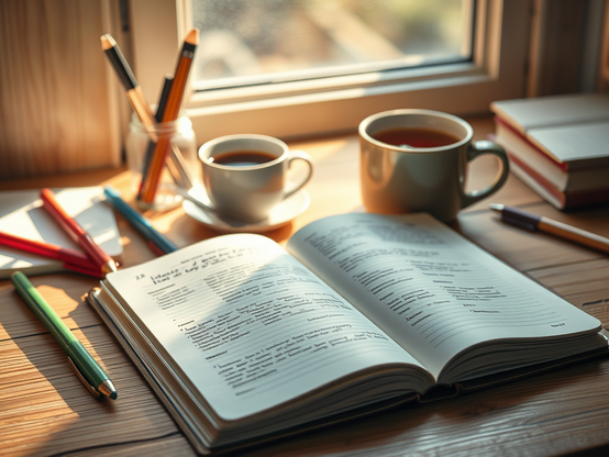 Desk with journal and a cup of tea with a window in the background