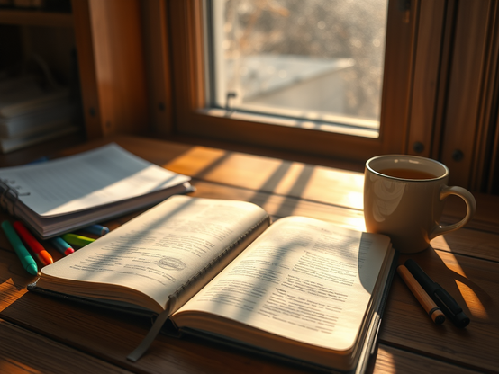 Desk with journal and a cup of tea with a window in the background