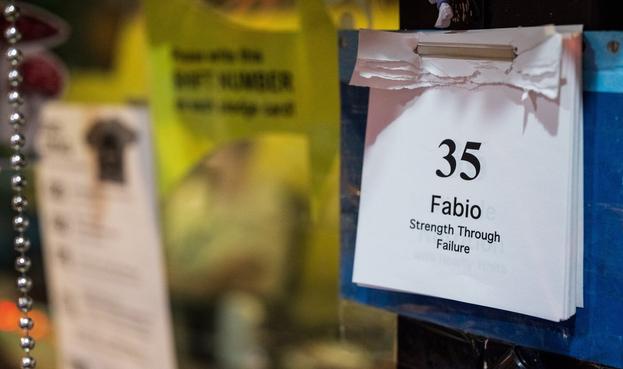 A sheet on a tear-off pad reads "35 / Fabio / Strength Through Failure"