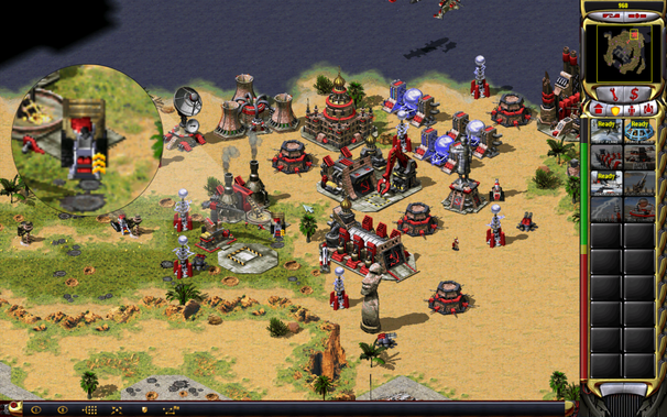 Ingame Screenshot of the game Command & Conquer Red Alert 2 Yuris Revenge. It shows a the Soviet player base in a campaign mission. One of the mining vehicles is highlighted, showing it leveled up to Elite veteran status. This only happens if a unit kills a lot of enemy units, or units of high value.