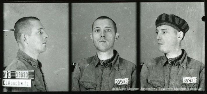 A mugshot registration photograph from Auschwitz. A man with a shaved head wearing a striped uniform photographed in three positions (profile and front with bare head and a photo with a slightly turned head with a hat on). The prisoner number is visible on a marking board on the left.
