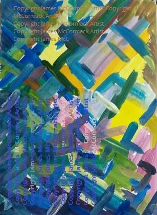 An abstract painting largely in blue, gouache on paper. Coloured in cool blue tones with a touch of warm, fresh yellow, colours ranging from green to brown. Composed of squares, oblongs, some individual brushstrokes, creating depth and texture in a contemporary style.