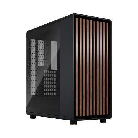Computer case made by a Swedish company called Fractal. Case has walnut slats on the front, and glass on one side. Rest is steel.