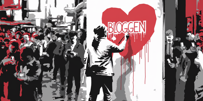 A Banksy-style image of a blogger painting a red heart with the text "Bloggen" on a white wall. The wall is painted with a large red heart. The background is a busy city with many people staring at their smartphones. The image is in the colors red, white, black, and grey.