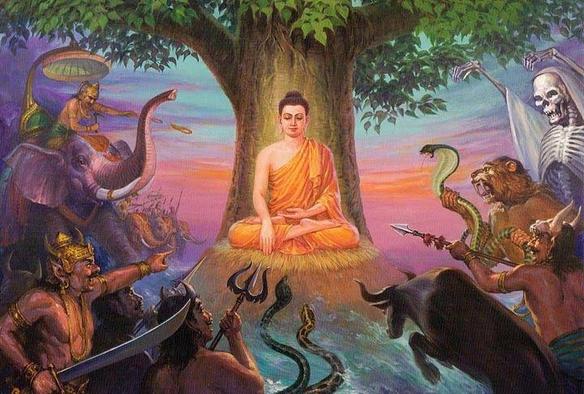 color image of Gautama Buddha meditating under a tree while all manner of beasts and ghouls and madmen charge the enlightened one