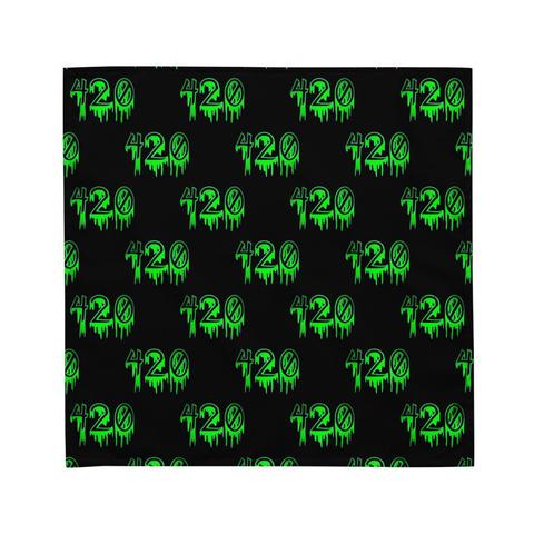 A black bandana with the number 420 in a repeating pattern. The numbers are neon green with a purple outline in a creepy, dripping font.