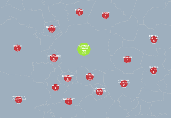 Carte du nombre d'évaluations pour chaque commune de la métropole #Clermontoise.