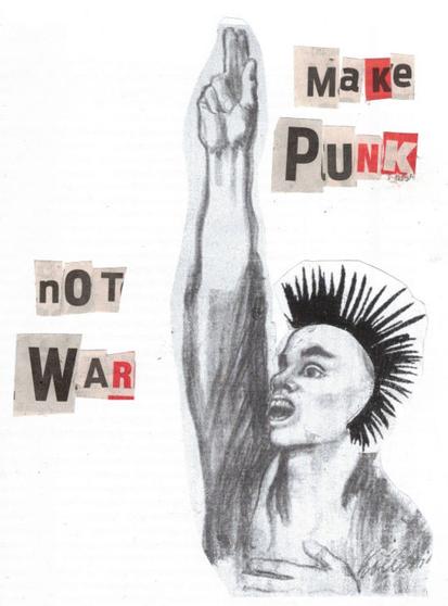 Zentral im Bild ist die Person aus Käthe Kollwitz' Plakat "Nie wieder Krieg" verändert mit Irokesen-Frisur. Statt "Nie wieder Krieg" ist auf dem Plakat "Make Punk not War" zu lesen.