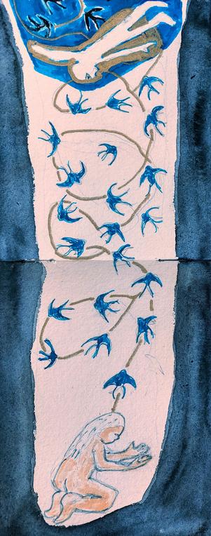 Woman meditating on knees at bottom of hole with spiral of swallows fly up into the sky where a body is floating looking down.