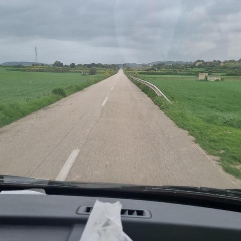 A view of a long, narrow, gray road stretches straight ahead between green fields under a cloudy sky, taken from the perspective of someone inside a vehicle. The road has a single white line marking the center and a metal guardrail on one side. The fields are lush and green, and in the distance, there are trees and small buildings. The sky is overcast with gray clouds. The dashboard of the vehicle is visible in the foreground, with a crumpled tissue on it.