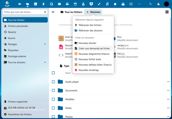 capture d'écran du menu Nouveau fichier du cloud Nextcloud Zaclys, avec les outils diagramme Draw.io et Tableau blanc