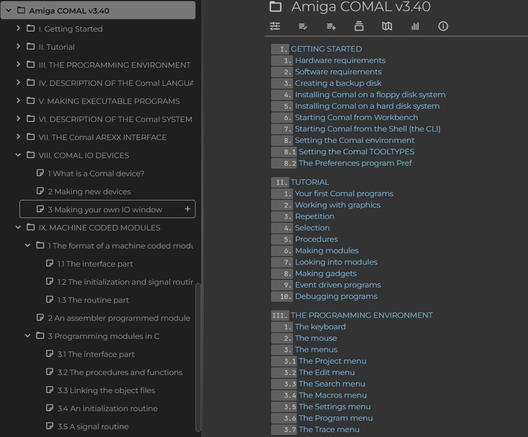 The screenshot shows the TriliumNotes TOC of the transcribed Comal manual.