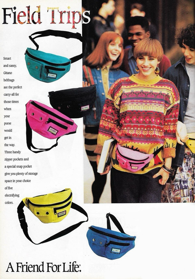 An advertisement for a bag that fits around your waist. Several young people are shown wearing them.