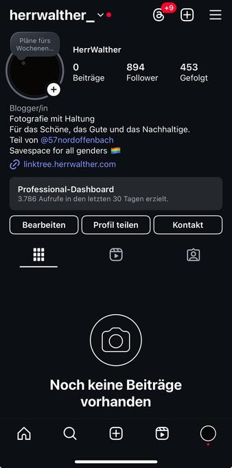 A social media profile page for a user named HerrWalther, featuring a dark theme. The profile displays 0 posts, 894 followers, and 453 following. The bio mentions photography with an emphasis on aesthetics and sustainability, and includes a link