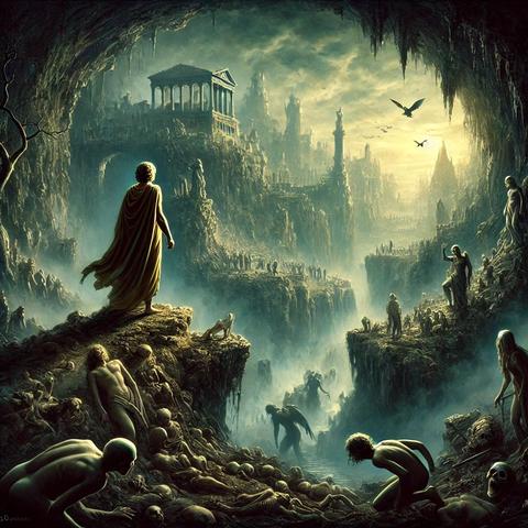 KI Bild einer mythischen Darstellung der Unterwelt, inspiriert von Vergils Aeneis. Aeneas steht am Eingang zur Unterwelt, während dunkle Nebel, verlorene Seelen und alte Ruinen die Szene prägen. In der Ferne deutet ein schwaches Licht auf den schwierigen Aufstieg zurück ins Leben hin. Ich hoffe, es trifft deine Vorstellung! ChatGPT 🖖