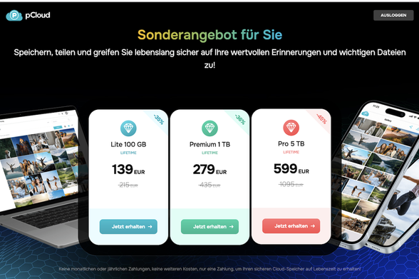 Screenshot der Webseite mit Sonderangebot Lifetime pCloud Cloudspeicher.