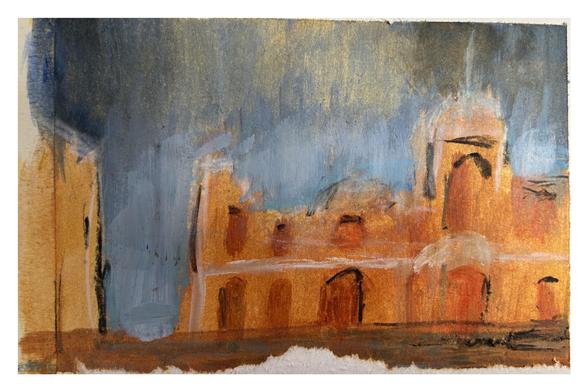 An abstract painting depicting a facade of a building with warm orange tones, complemented by a blue and gray sky. The structure features arched windows and doors, with a textured background that suggests depth and atmosphere.