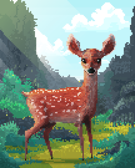 A cute fawn in the forest clearing with light shining on it.